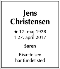 Dødsannoncen for Jens Christensen - København K