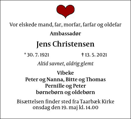 Dødsannoncen for Jens Christensen - Taarbæk 