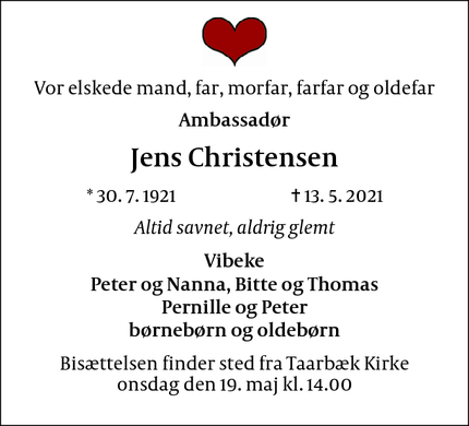 Dødsannoncen for Jens Christensen - Taarbæk