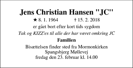 Dødsannoncen for Jens Christian Hansen "JC" - Esbjerg