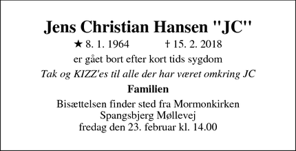 Dødsannoncen for Jens Christian Hansen "JC" - Esbjerg