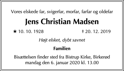 Dødsannoncen for Jens Christian Madsen - Birkerød
