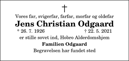 Dødsannoncen for Jens Christian Odgaard - Hobro