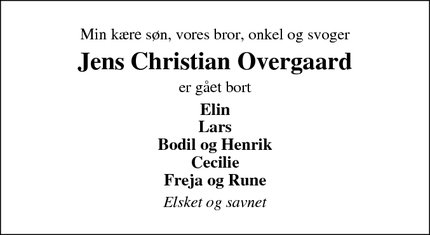 Dødsannoncen for Jens Christian Overgaard - Holstebro