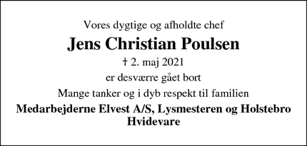 Dødsannoncen for Jens Christian Poulsen - Holstebro