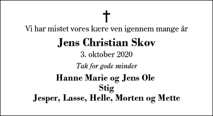 Dødsannoncen for Jens Christian Skov - Snejbjerg