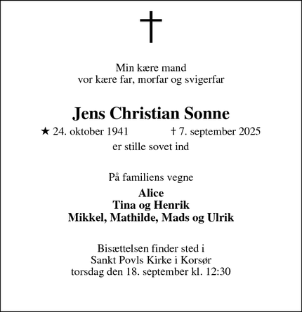 Dødsannoncen for Jens Christian Sonne - Korsør