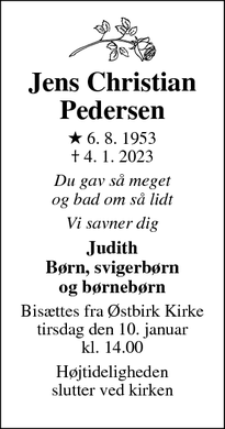 Dødsannoncen for Jens Christian
Pedersen - Østbirk