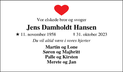 Dødsannoncen for Jens Damholdt Hansen - Grenaa