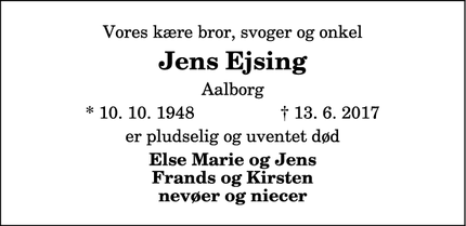 Dødsannoncen for Jens Ejsing - Aalborg under Vendsyssel-sektion