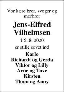 Dødsannoncen for Jens-Elfred Vilhelmsen - Hvide Sande