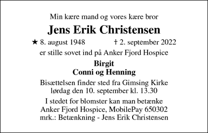 Dødsannoncen for Jens Erik Christensen - Venø