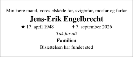 Dødsannoncen for Jens-Erik Engelbrecht - ESPERGÆRDE