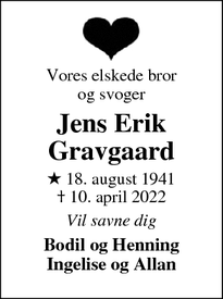 Dødsannoncen for Jens Erik Gravgaard - Struer