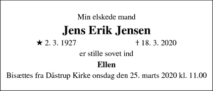 Dødsannoncen for Jens Erik Jensen - Viby Sjælland