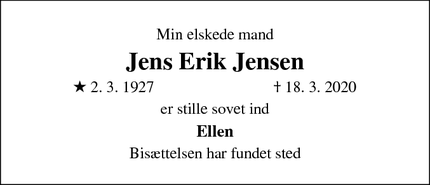 Dødsannoncen for Jens Erik Jensen - Viby Sjælland