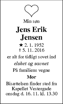 Dødsannoncen for Jens Erik Jensen - Silkeborg