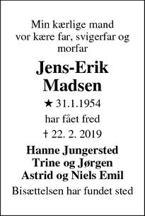 Dødsannoncen for Jens-Erik Madsen  - Gistrup