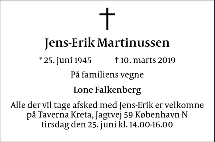 Dødsannoncen for Jens-Erik Martinussen - København
