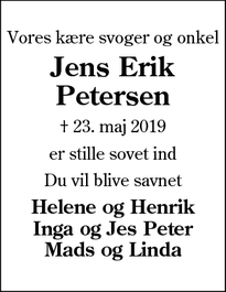 Dødsannoncen for Jens Erik Petersen - Egebæk- hviding