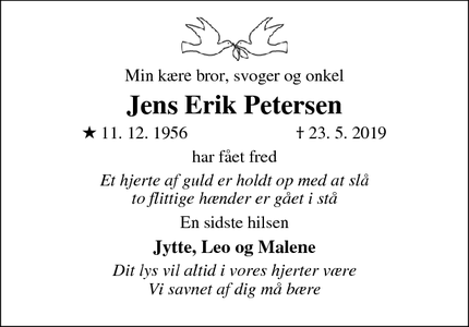 Dødsannoncen for Jens Erik Petersen - Egebæk Hviding