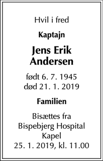 Dødsannoncen for Jens Erik
Andersen - Brøndby