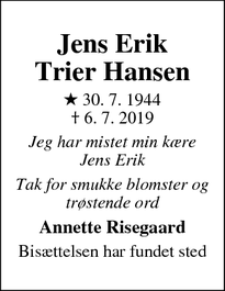 Dødsannoncen for Jens Erik
Trier Hansen - Fårevejle