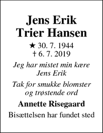 Dødsannoncen for Jens Erik
Trier Hansen - Fårevejle