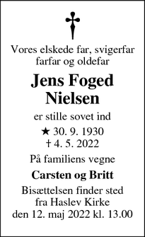 Dødsannoncen for Jens Foged
Nielsen - Haslev