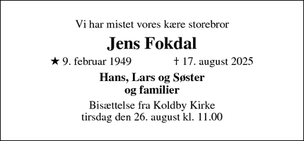 Dødsannoncen for Jens Fokdal - Svendborg