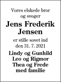 Dødsannoncen for Jens Frederik
Jensen - Outrup