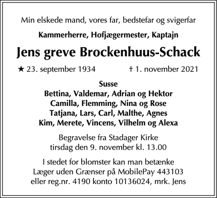 Dødsannoncen for Jens greve Brockenhuus-Schack - 4840 Nr. Alslev