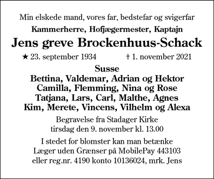 Dødsannoncen for Jens greve Brockenhuus-Schack - 4840 Nr. Alslev