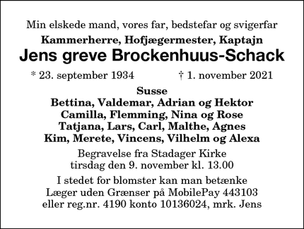 Dødsannoncen for Jens greve Brockenhuus-Schack - 4840 Nr. Alslev