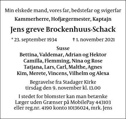 Dødsannoncen for Jens greve Brockenhuus-Schack - 4840 Nr. Alslev