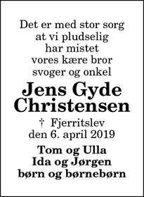 Dødsannoncen for Jens Gyde
Christensen - Fjerritslev