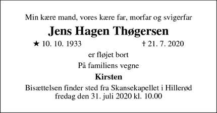 Dødsannoncen for Jens Hagen Thøgersen - Ølstykke