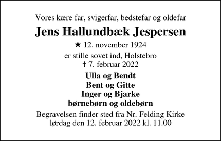 Dødsannoncen for Jens Hallundbæk Jespersen - Holstebro