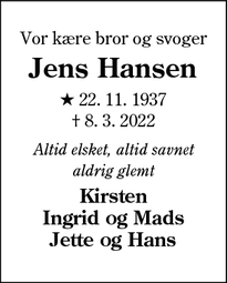 Dødsannoncen for Jens Hansen - Gram