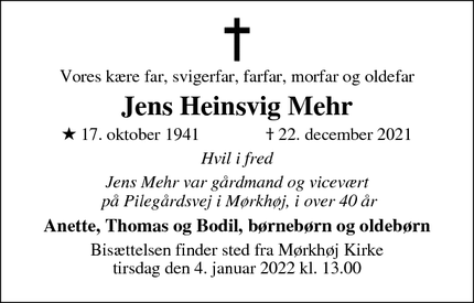 Dødsannoncen for Jens Heinsvig Mehr - HILLERØD