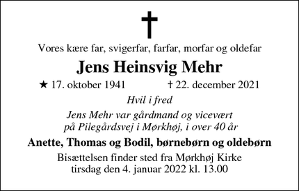 Dødsannoncen for Jens Heinsvig Mehr - HILLERØD