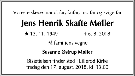 Dødsannoncen for Jens Henrik Skafte Møller - Lillerød