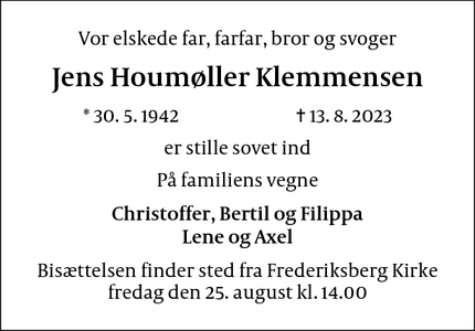 Dødsannoncen for Jens Houmøller Klemmensen - Holte