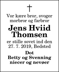 Dødsannoncen for Jens Hviid Thomsen - Bedsted Thy