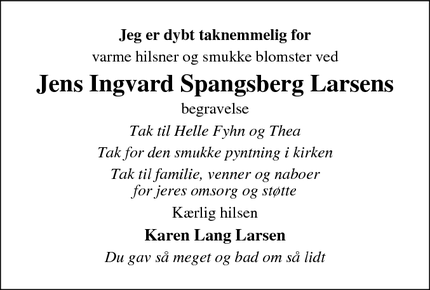 Taksigelsen for Jens Ingvard Spangsberg Larsens - Bramming