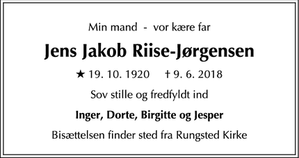Dødsannoncen for Jens Jakob Riise-Jørgensen - Hørsholm, Danmark