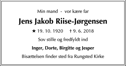 Dødsannoncen for Jens Jakob Riise-Jørgensen - Hørsholm, Danmark