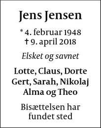 Dødsannoncen for Jens Jensen - København NV