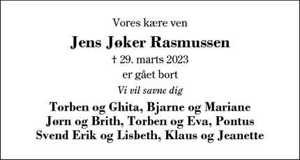Dødsannoncen for Jens Jøker Rasmussen - Kølkær