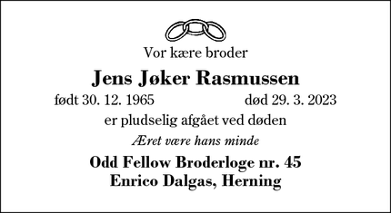 Dødsannoncen for Jens Jøker Rasmussen - Herning